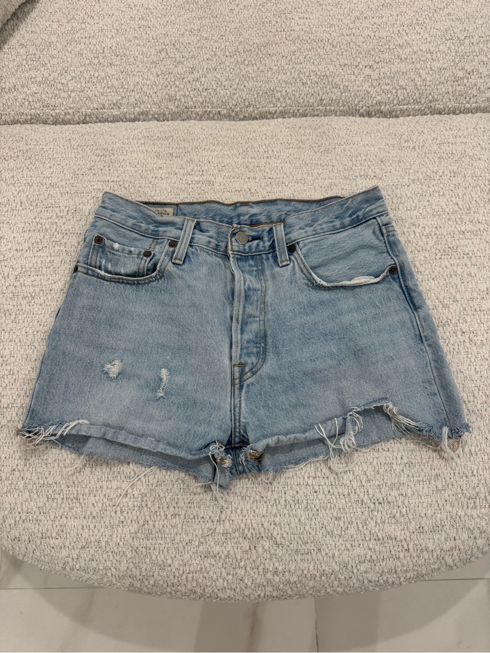 Levi’s 501 High Rise Button Fly Light Blue Distressed Denim Jean Shorts